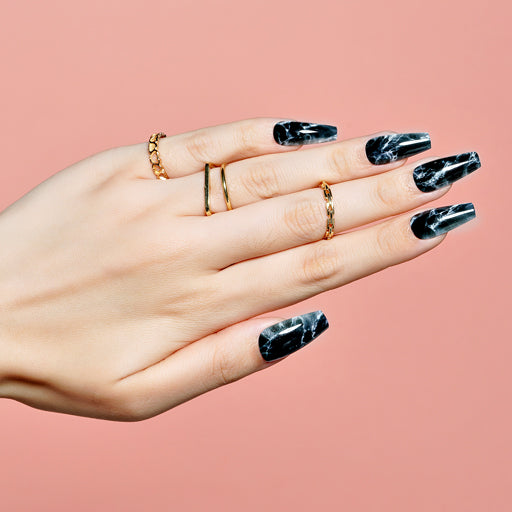 Black marble|Presson nails|black| design|glossy|coffin|medium|party ...