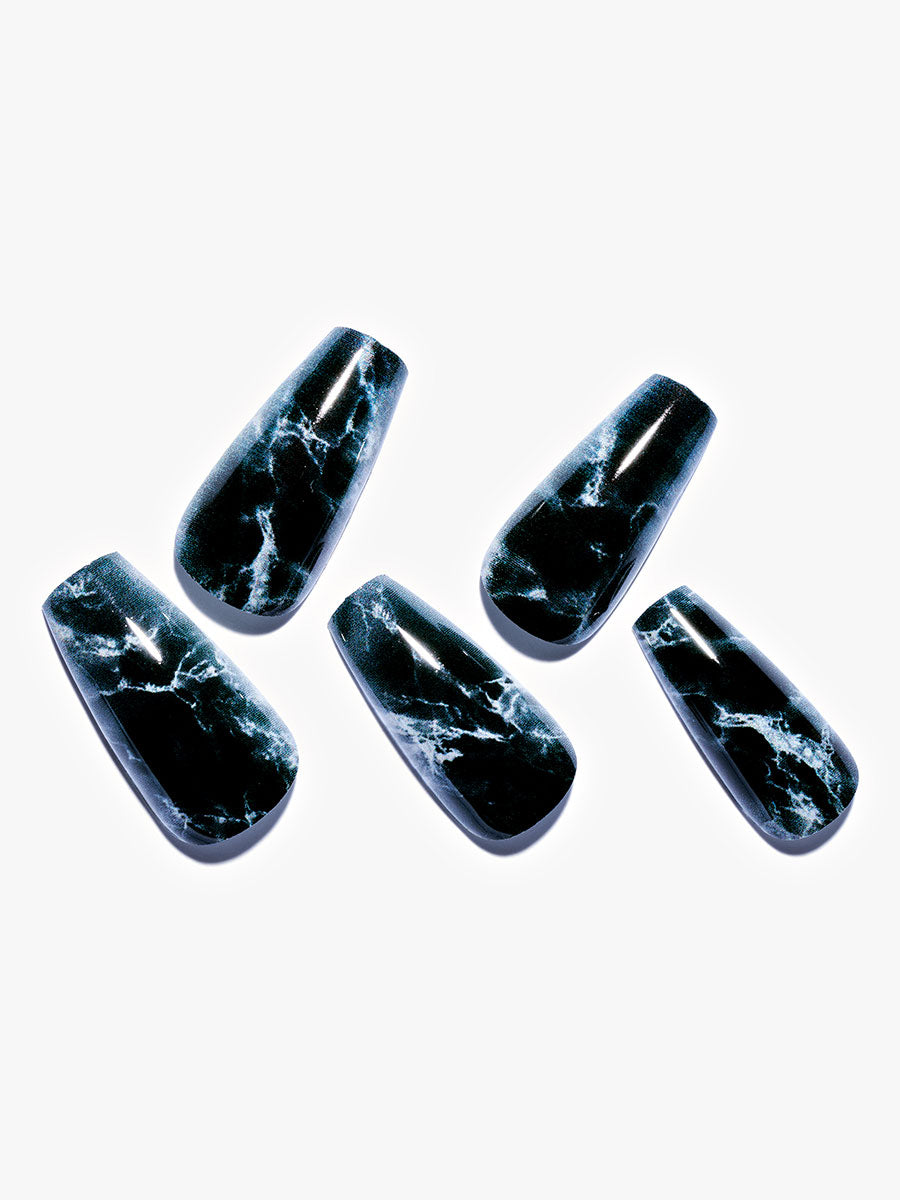 Black marble|Presson nails|black| design|glossy|coffin|medium|party ...