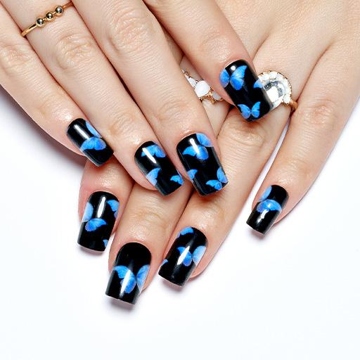 Piao Press On Nails Medium Length With Design,nude Coffin Acrylic Nails  Press On,blue Black Stripes Square Shape Fake Nails,full Cover Artificial  Nail | Fruugo NO