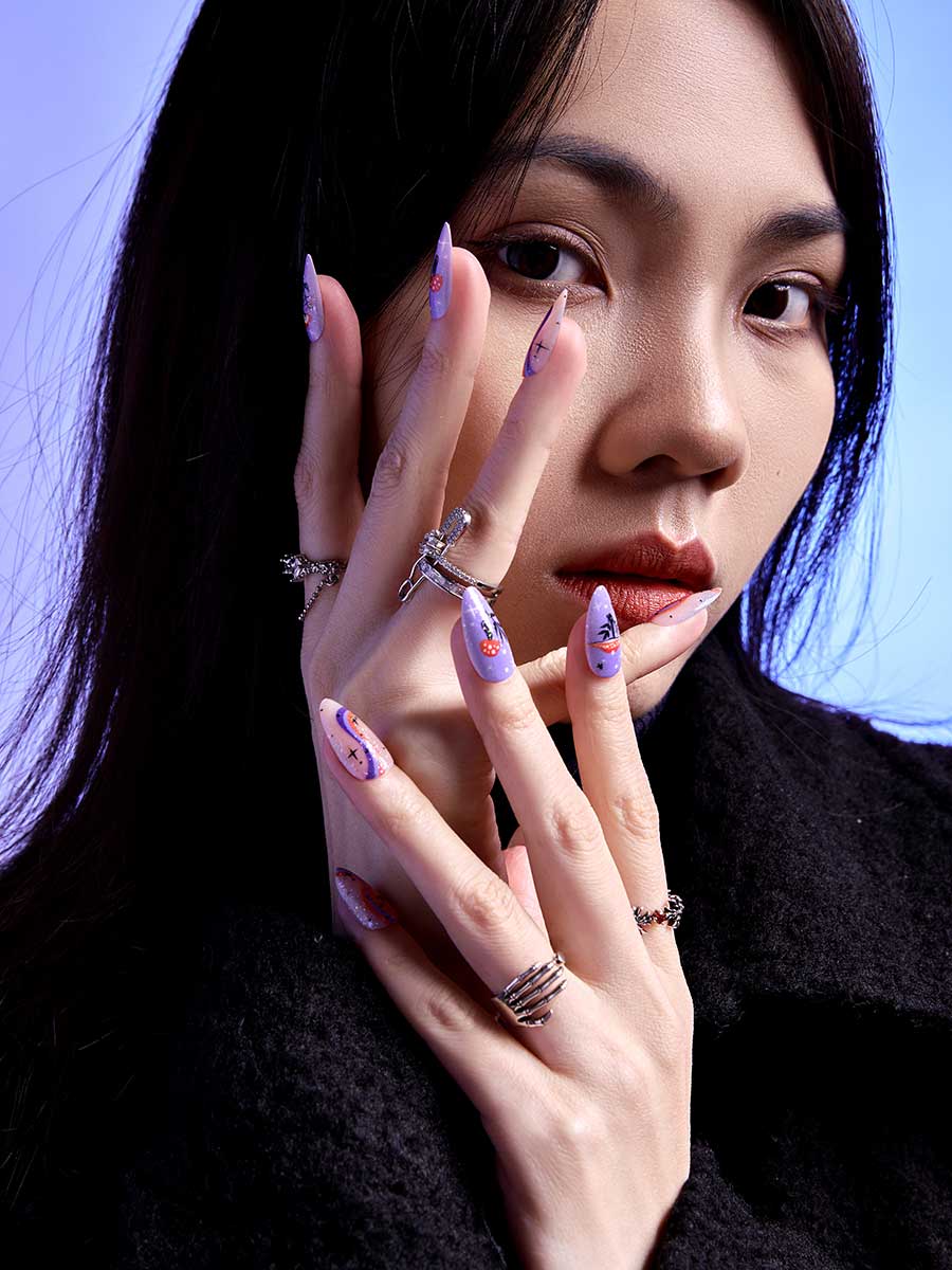 Holiday Islandmanicuremushroomstarplantpurpleredglitteralmond