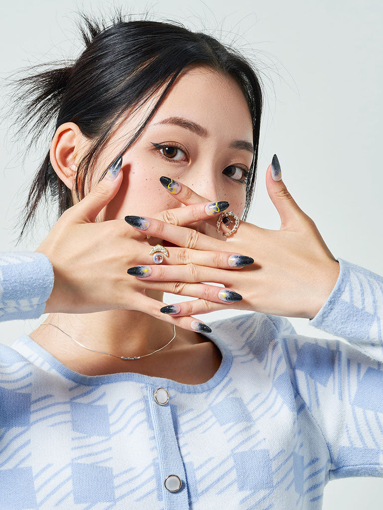 Shallow Night|manicure|moon&star|sun|black|fine glitter|almond|medium ...